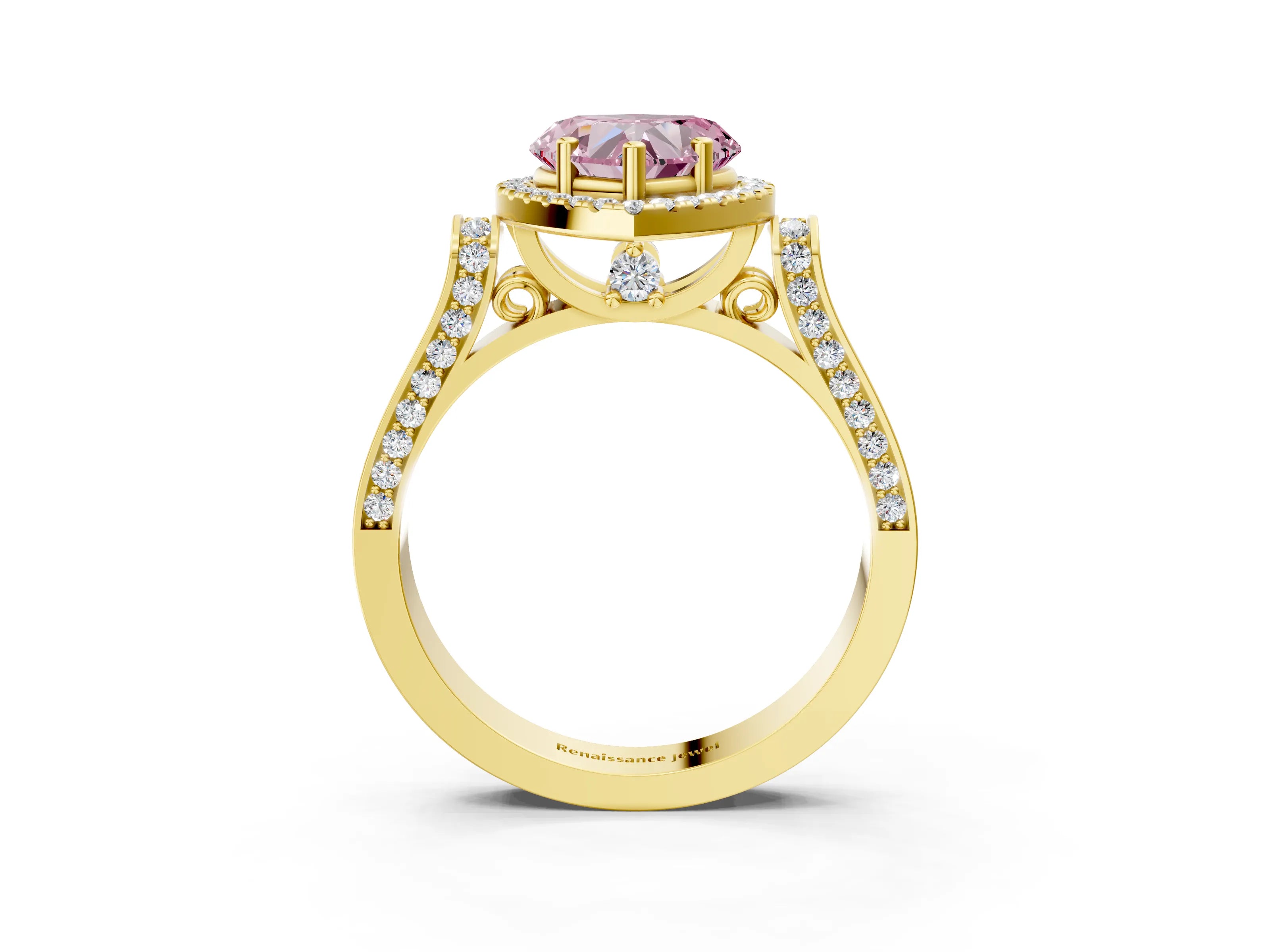 Yellow gold Fancy Pink Heart Cut Halo Round Diamond Twist Band with Four-Prong Setting_3