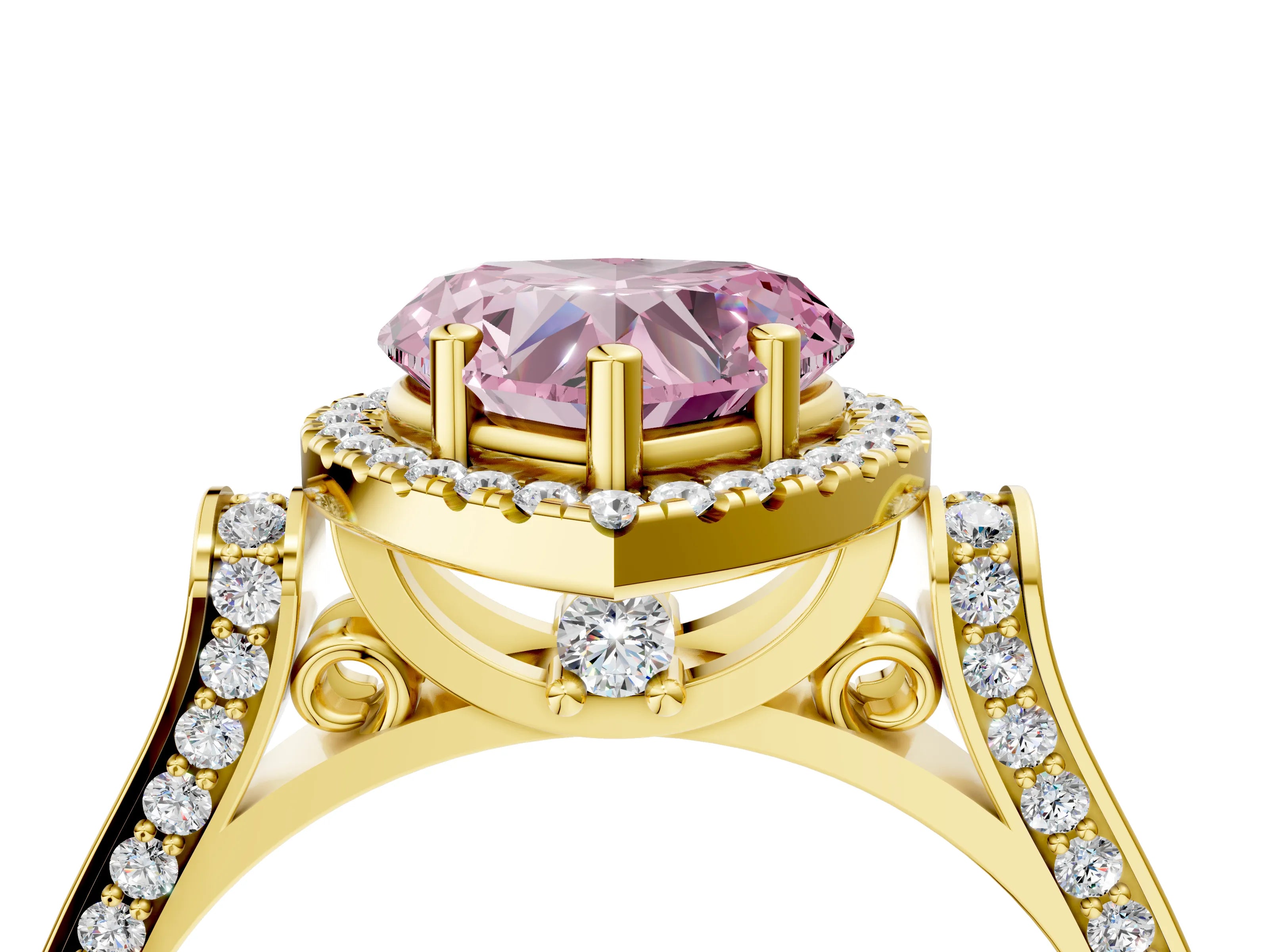 Yellow gold Fancy Pink Heart Cut Halo Round Diamond Twist Band with Four-Prong Setting_4