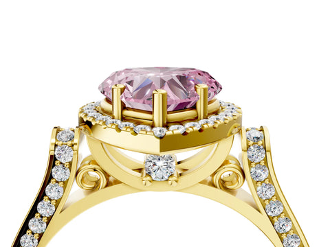 Yellow gold Fancy Pink Heart Cut Halo Round Diamond Twist Band with Four-Prong Setting_4