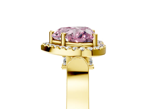 Yellow gold Fancy Pink Heart Cut Halo Round Diamond Twist Band with Four-Prong Setting_5