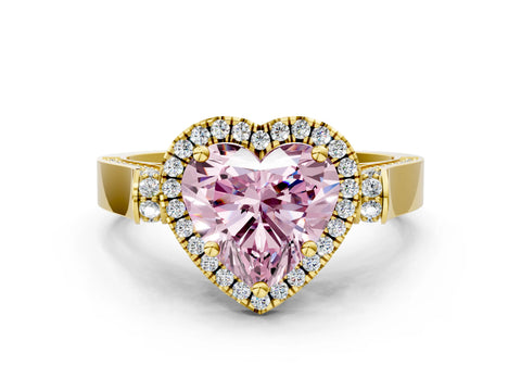 Yellow gold Fancy Pink Heart Cut Halo Round Diamond Twist Band with Four-Prong Setting