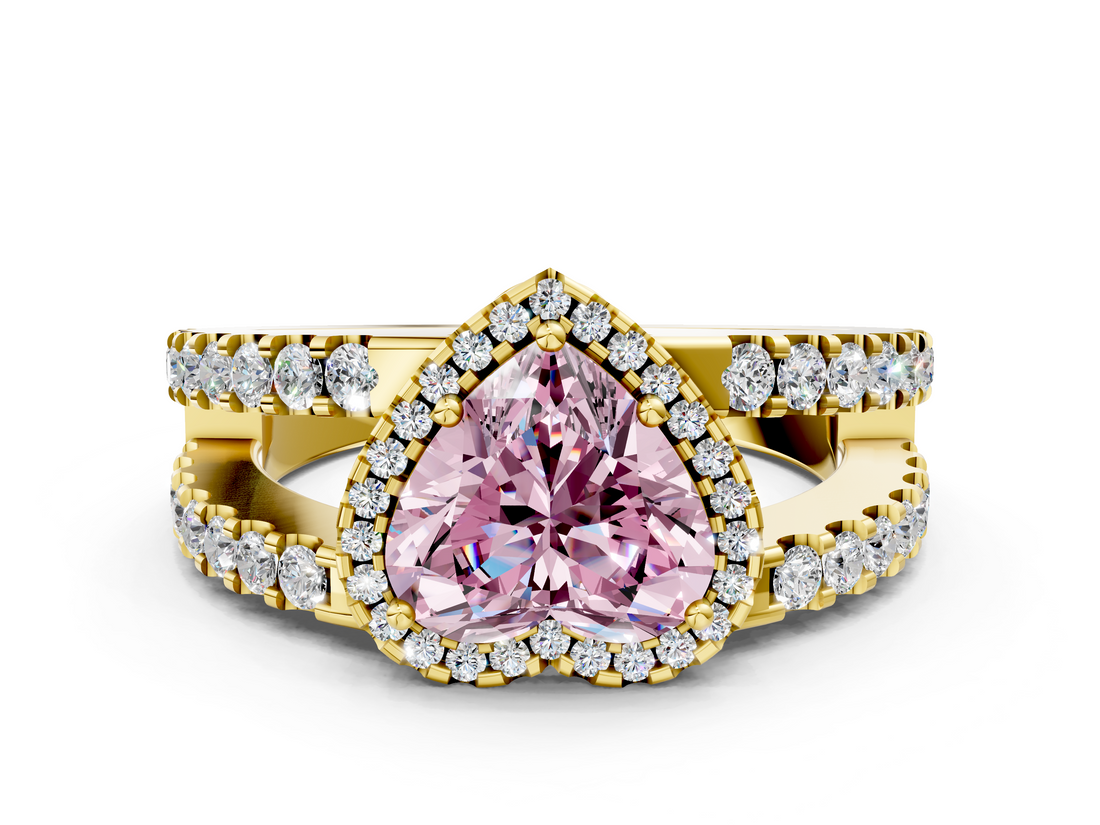 Yellow gold Fancy Pink Heart  Cut Halo Split Shank Diamond Ring with Four-Prong Setting_45