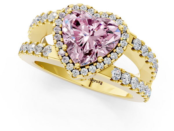 Yellow gold Fancy Pink Heart  Cut Halo Split Shank Diamond Ring with Four-Prong Setting