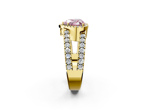 Yellow gold Fancy Pink Heart  Cut Halo Split Shank Diamond Ring with Four-Prong Setting