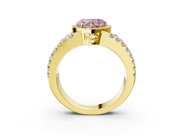 Yellow gold Fancy Pink Heart  Cut Halo Split Shank Diamond Ring with Four-Prong Setting