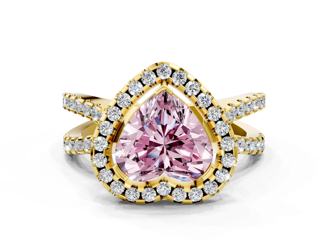 Yellow gold Fancy Pink Heart  Cut Halo Split Shank Pave Set Ring_62