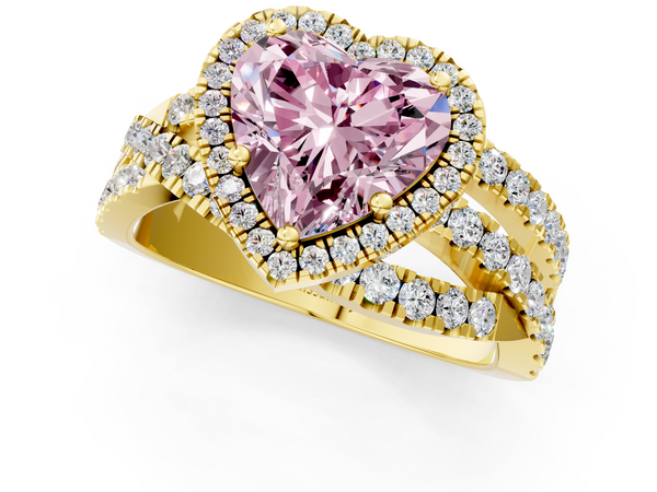 Yellow gold Fancy Pink Heart  Cut Halo Split Shank Prong Setting Ring