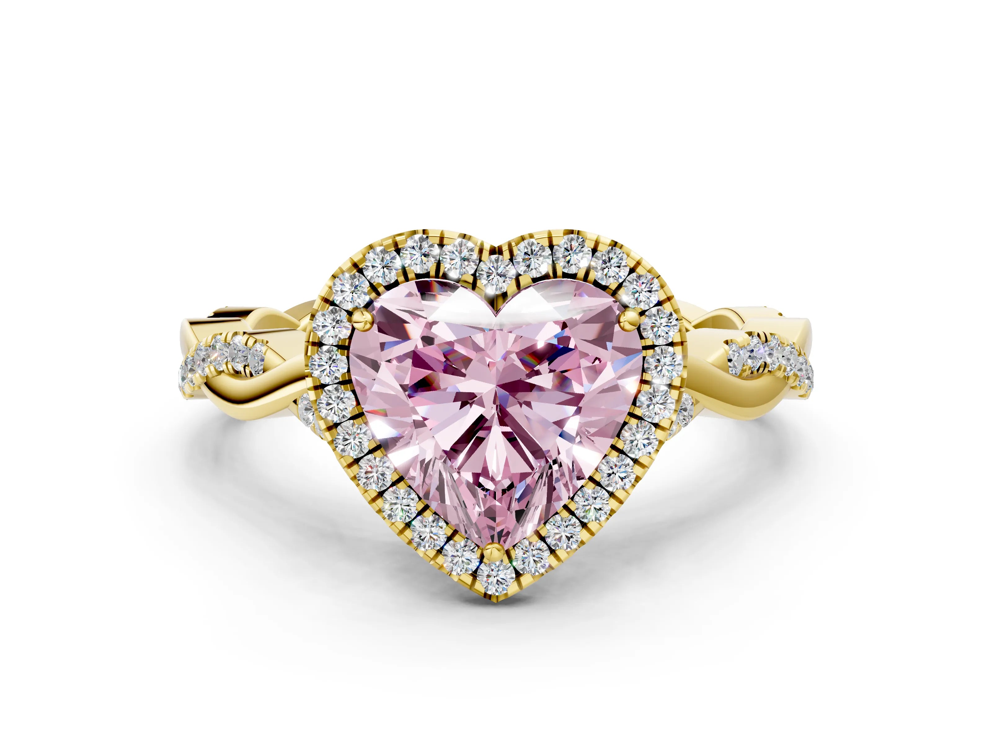 Yellow gold Fancy Pink Heart Cut Halo Twist Band with Four-Prong Setting