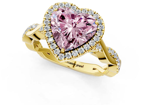 Yellow gold Fancy Pink Heart Cut Halo Twist Band with Four-Prong Setting_13