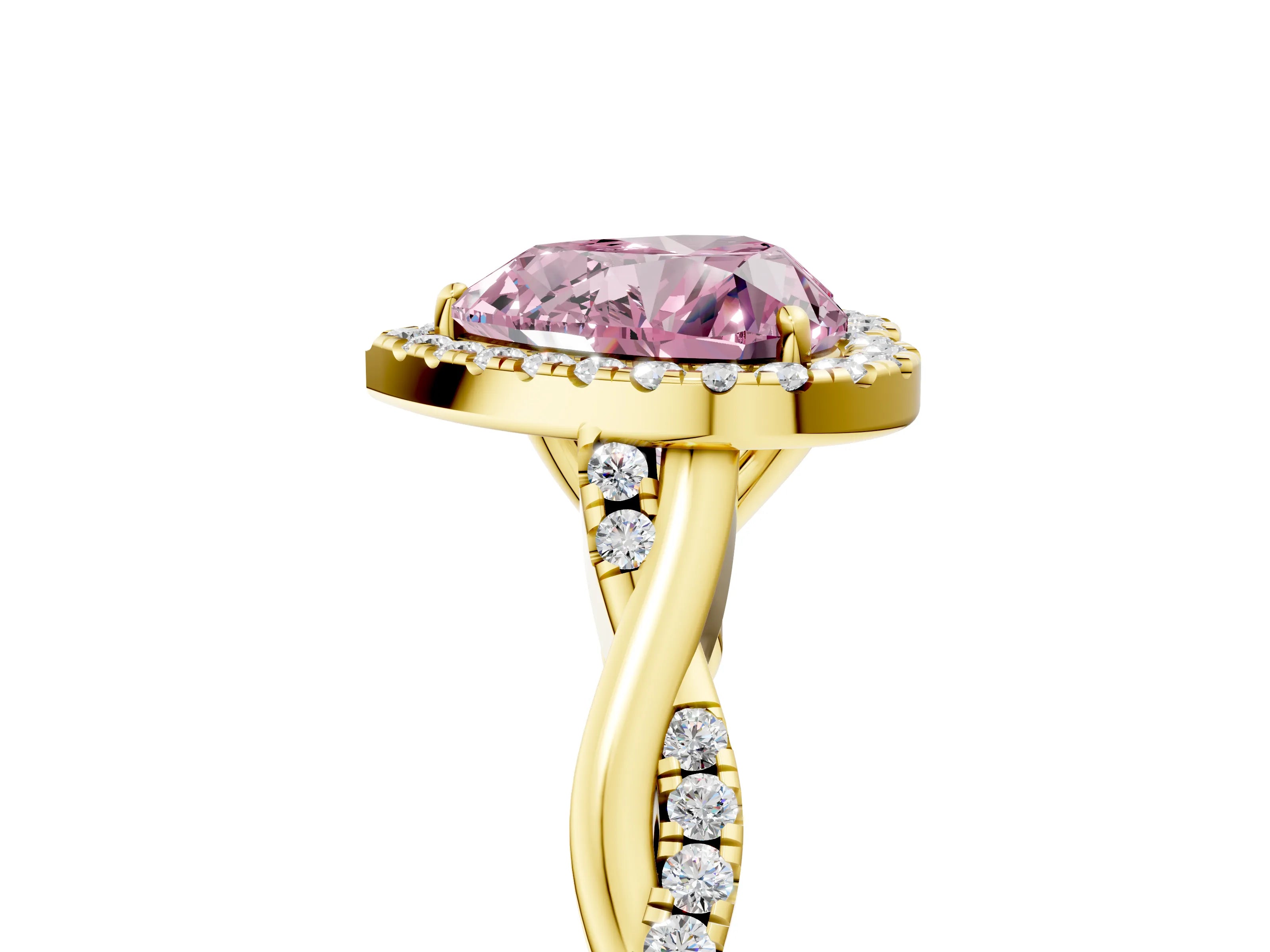 Yellow gold Fancy Pink Heart Cut Halo Twist Band with Four-Prong Setting_17