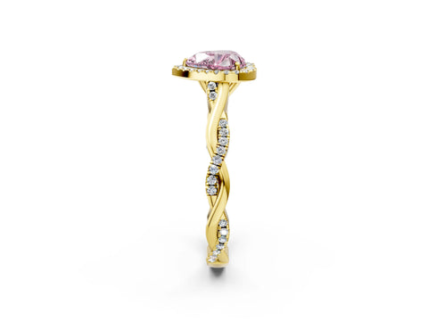 Yellow gold Fancy Pink Heart Cut Halo Twist Band with Four-Prong Setting_2