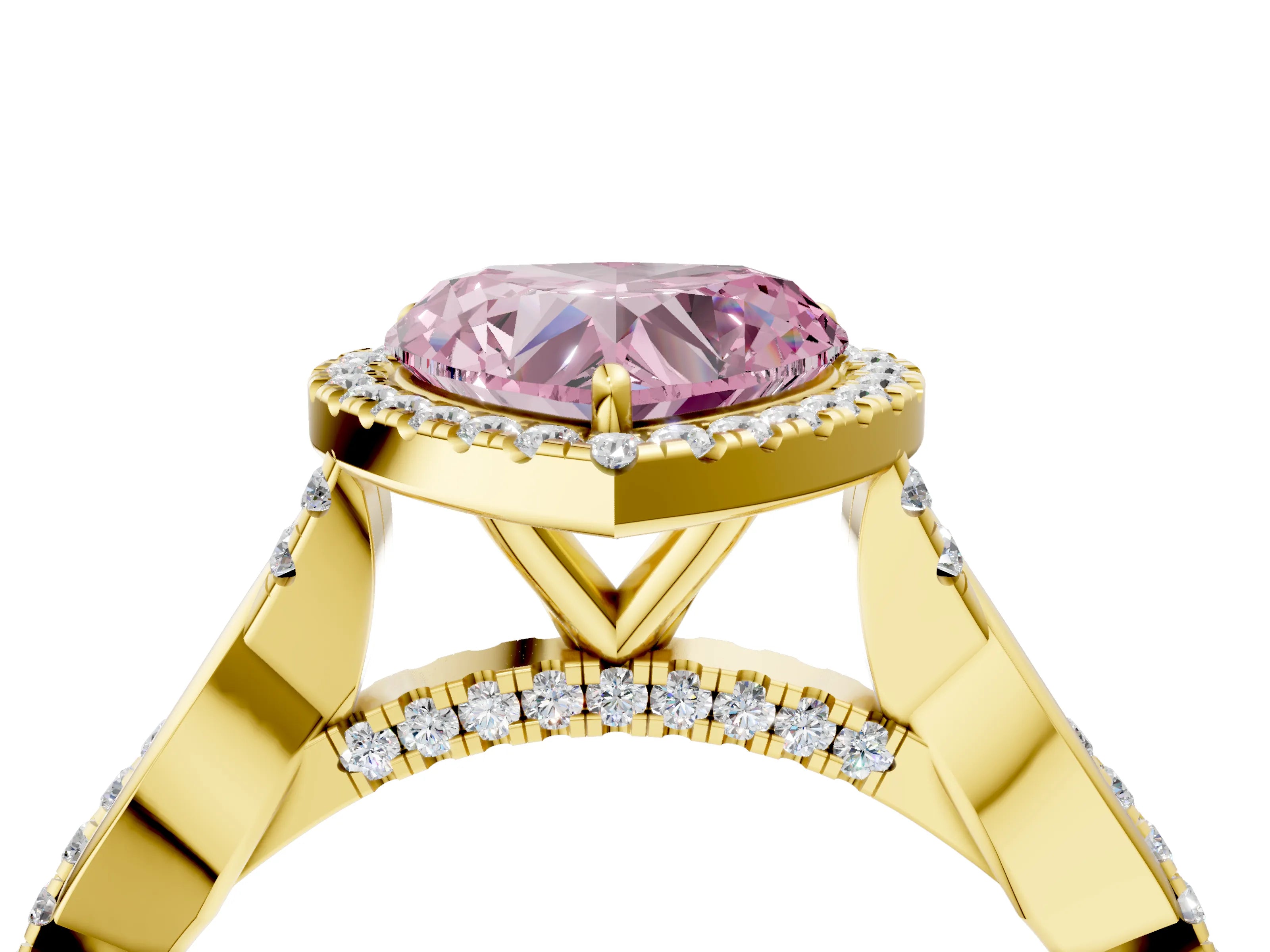 Yellow gold Fancy Pink Heart Cut Halo Twist Band with Four-Prong Setting_4