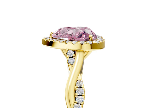 Yellow gold Fancy Pink Heart Cut Halo Twist Band with Four-Prong Setting_5