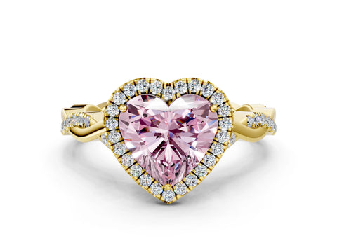 Yellow gold Fancy Pink Heart Cut Halo Twist Band with Four-Prong Setting