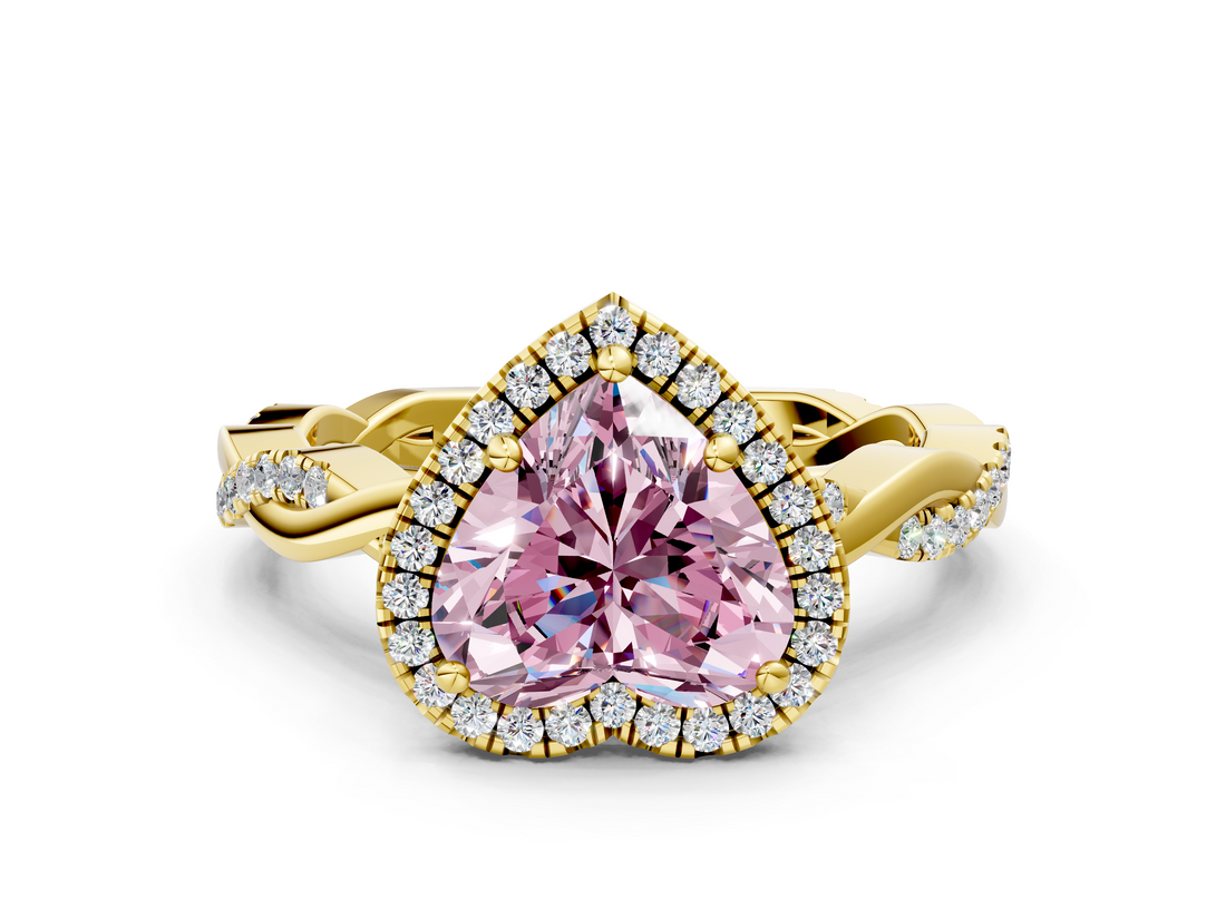 Yellow gold Fancy Pink Heart  Cut Halo Twisted Band Four-Prong Ring_20