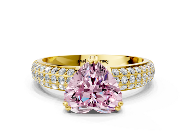 Yellow gold Fancy Pink Heart  Cut Pave Diamond Engagement Ring with Channel Set Band and Four-Prong Setting