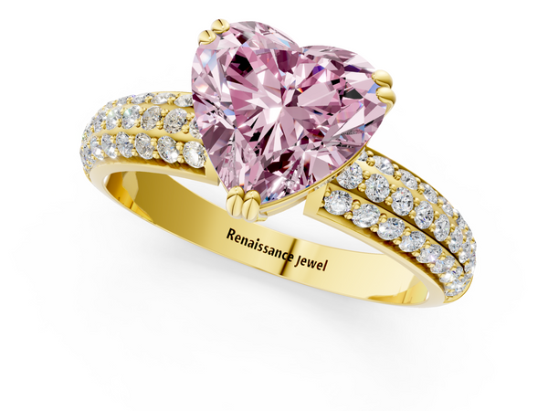 Yellow gold Fancy Pink Heart  Cut Pave Diamond Engagement Ring with Channel Set Band and Four-Prong Setting