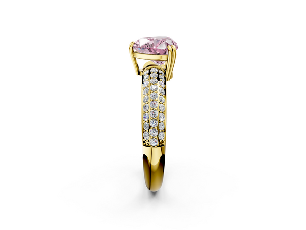 Yellow gold Fancy Pink Heart  Cut Pave Diamond Engagement Ring with Channel Set Band and Four-Prong Setting