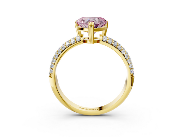 Yellow gold Fancy Pink Heart  Cut Pave Diamond Engagement Ring with Channel Set Band and Four-Prong Setting