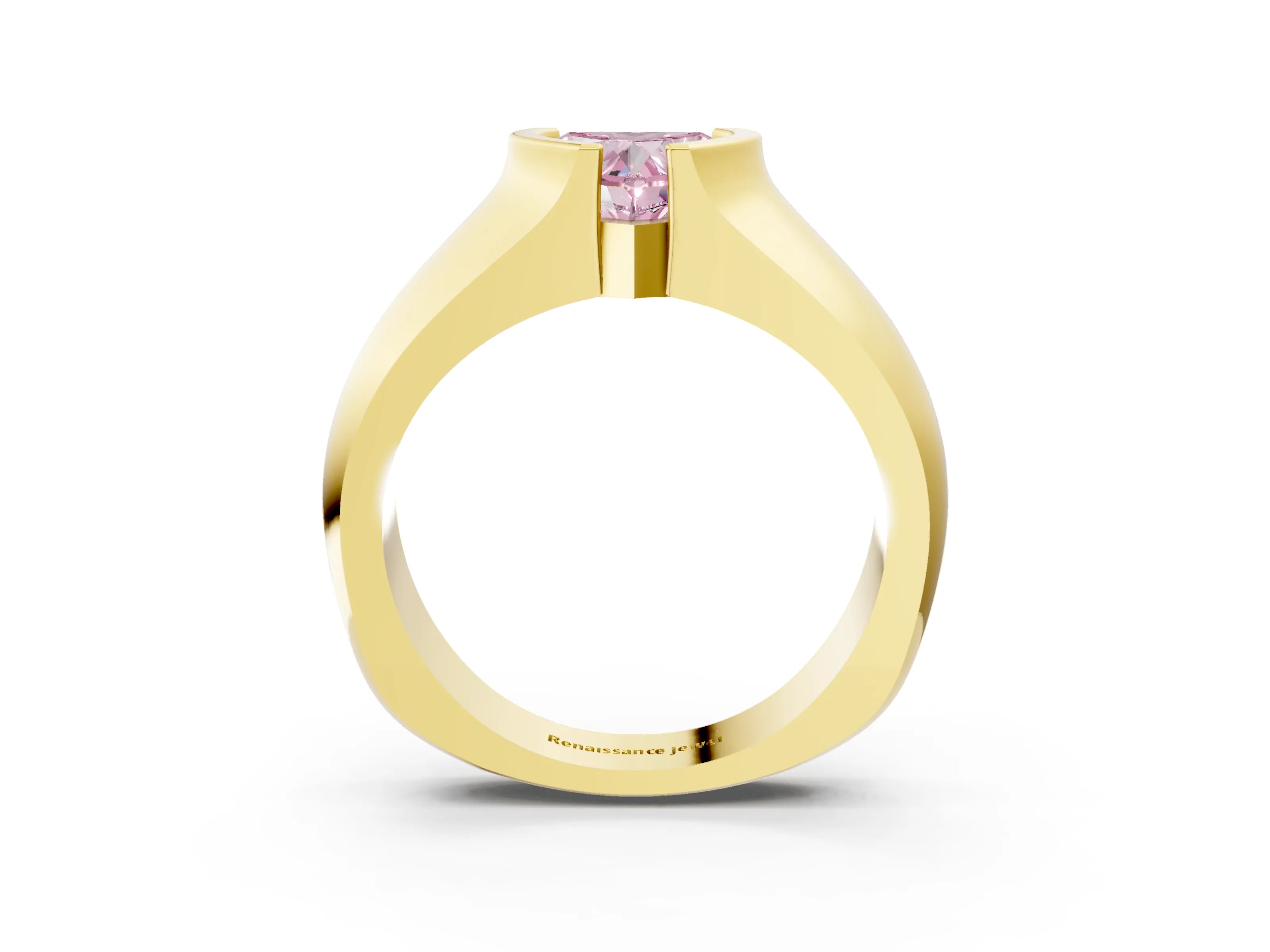 Yellow gold Fancy Pink Heart Cut Solitaire Bezel Set Diamond Ring with Wide Band_3