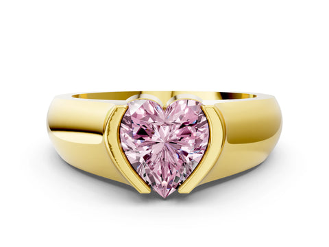 Yellow gold Fancy Pink Heart Cut Solitaire Bezel Set Diamond Ring with Wide Band