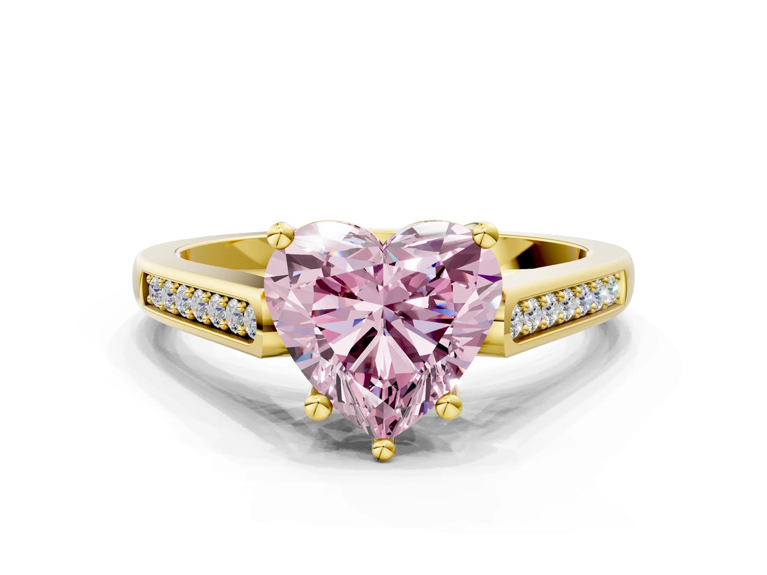 Yellow gold Fancy Pink Heart Cut Solitaire Cathedral Diamond Engagement Ring with Channel-Set Band and Four-Prong Setting_3