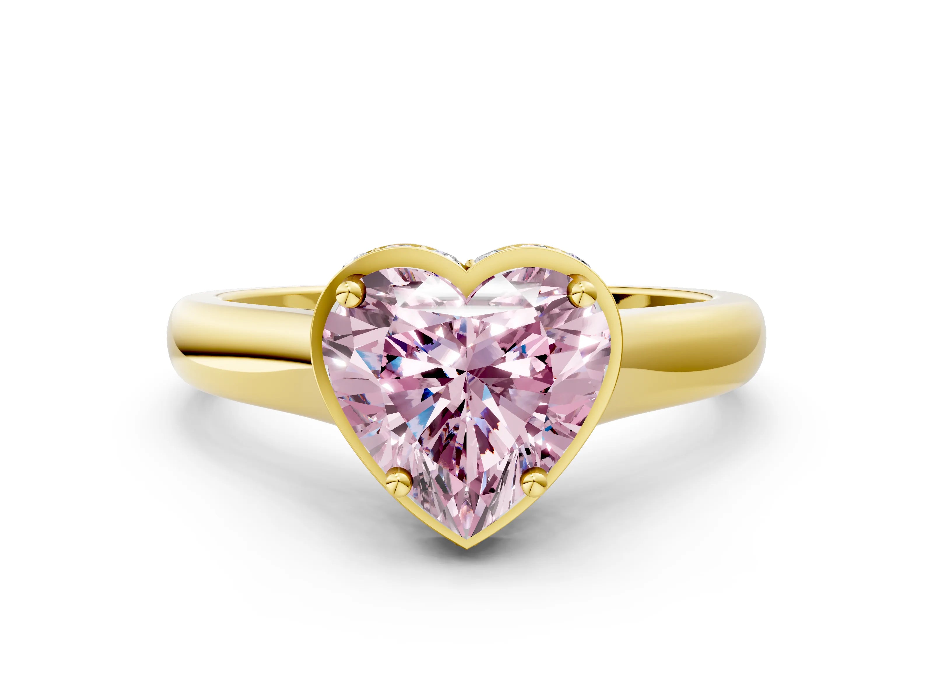 Yellow gold Fancy Pink Heart Cut Solitaire Diamond Engagement Ring with Four-Prong Setting and Tapered Band