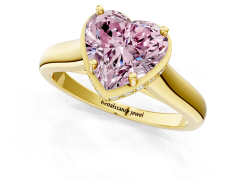Yellow gold Fancy Pink Heart Cut Solitaire Diamond Engagement Ring with Four-Prong Setting and Tapered Band_1
