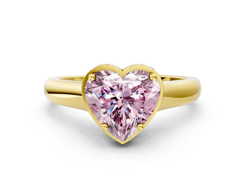 Yellow gold Fancy Pink Heart Cut Solitaire Diamond Engagement Ring with Four-Prong Setting and Tapered Band