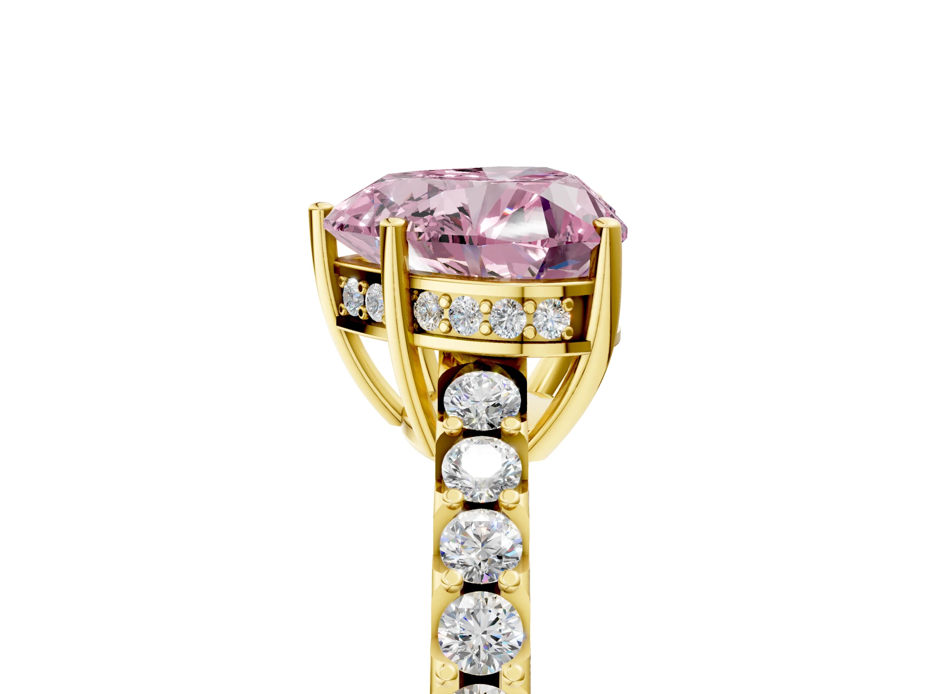 Yellow gold Fancy Pink Heart Cut Solitaire Diamond Engagement Ring with Pavé Band and Six-Prong Setting_17