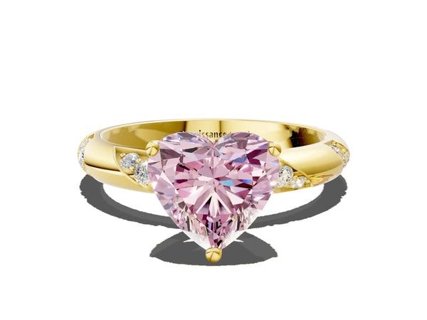 Yellow gold Fancy Pink Heart Cut Solitaire Diamond Engagement Ring with Twisted Pave Band and Four-Prong Setting