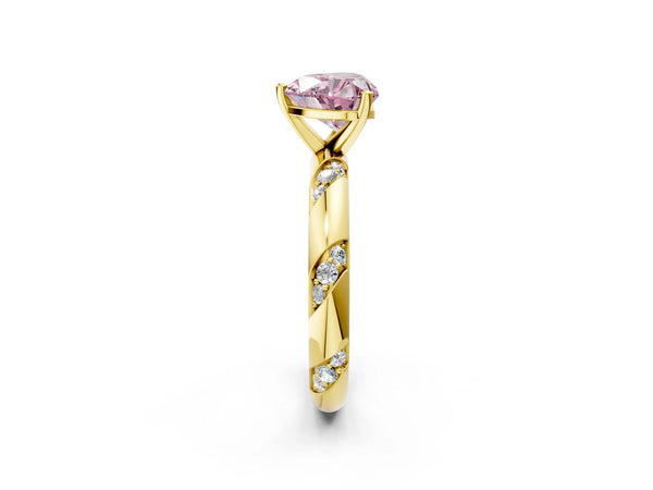 Yellow gold Fancy Pink Heart Cut Solitaire Diamond Engagement Ring with Twisted Pave Band and Four-Prong Setting