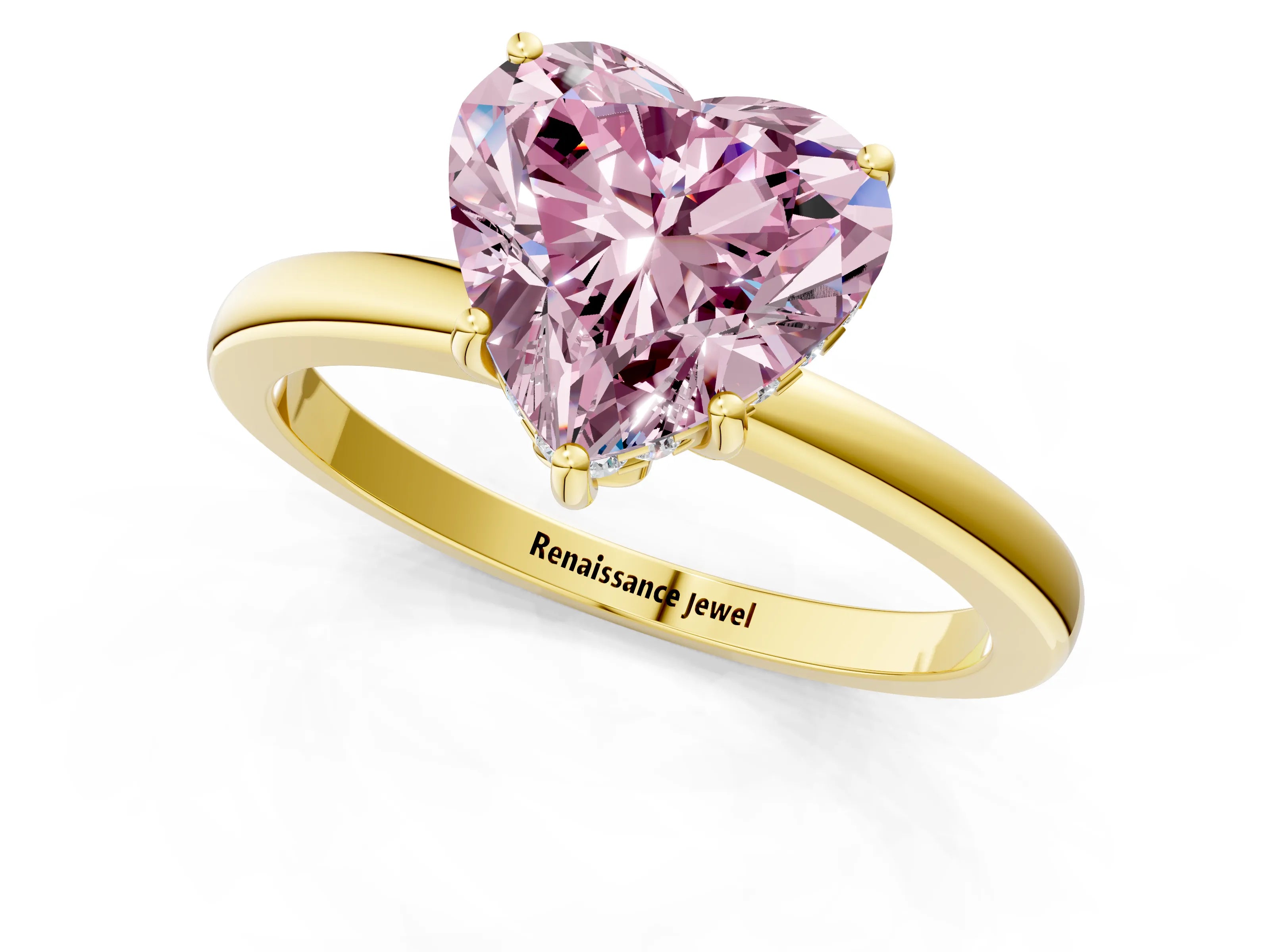 Yellow gold Fancy Pink Heart Cut Solitaire Diamond Ring with Prong Setting and Plain Band_1
