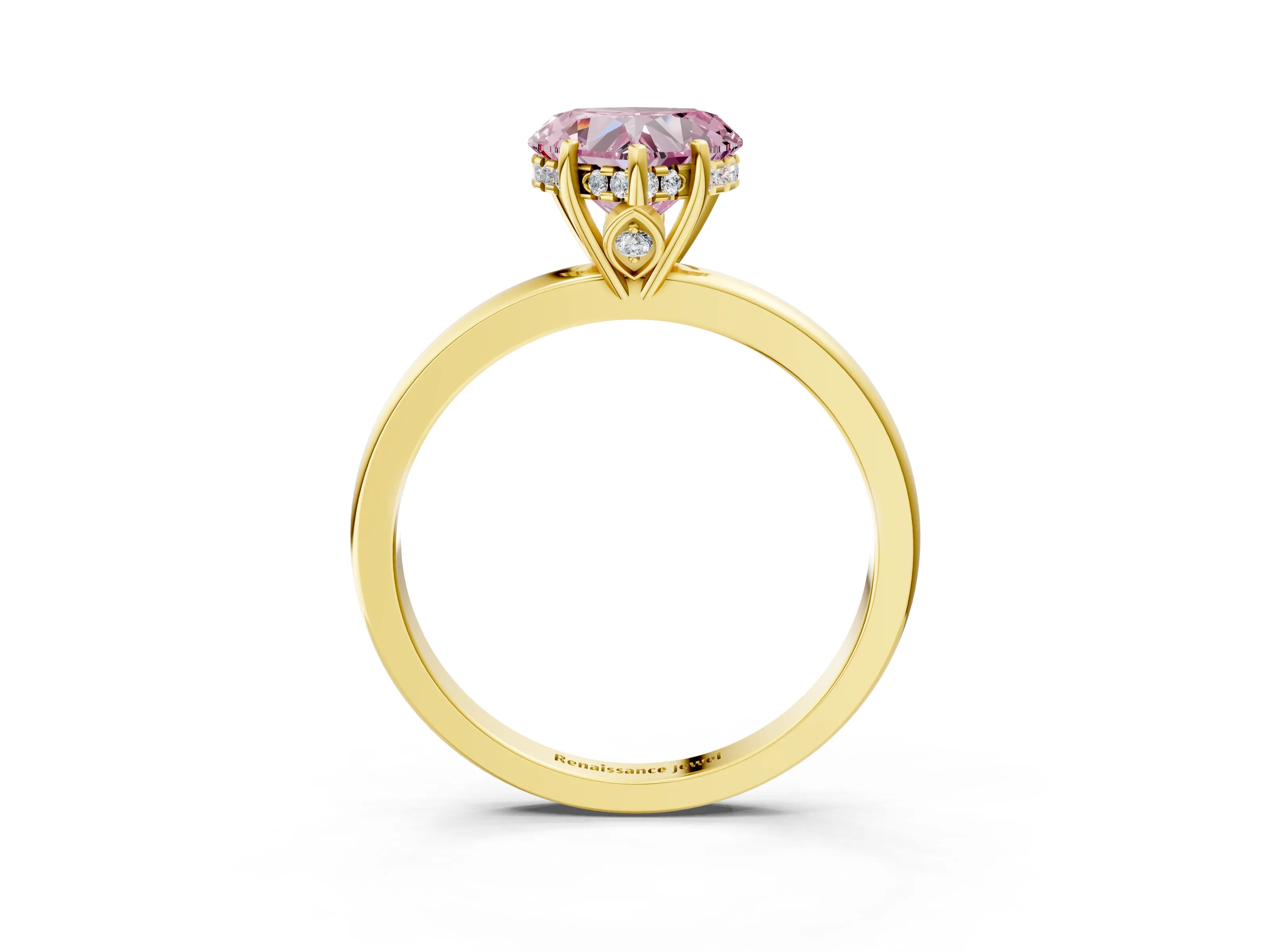 Yellow gold Fancy Pink Heart Cut Solitaire Diamond Ring with Prong Setting and Plain Band_3