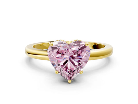Yellow gold Fancy Pink Heart Cut Solitaire Diamond Ring with Prong Setting and Plain Band
