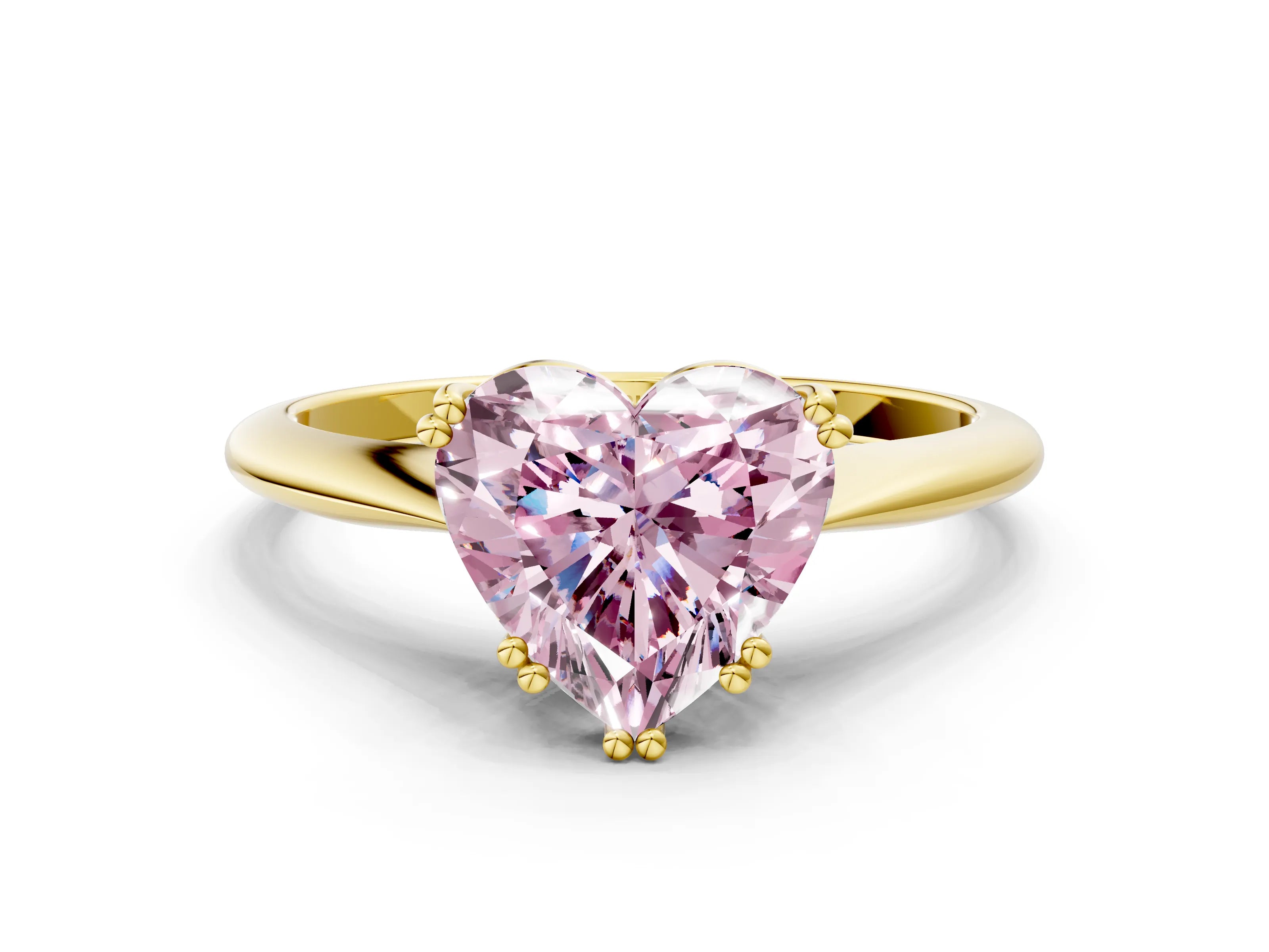 Yellow gold Fancy Pink Heart Cut Solitaire Diamond Ring with Six-Prong Setting and Classic Band