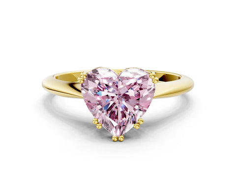 Yellow gold Fancy Pink Heart Cut Solitaire Diamond Ring with Six-Prong Setting and Classic Band