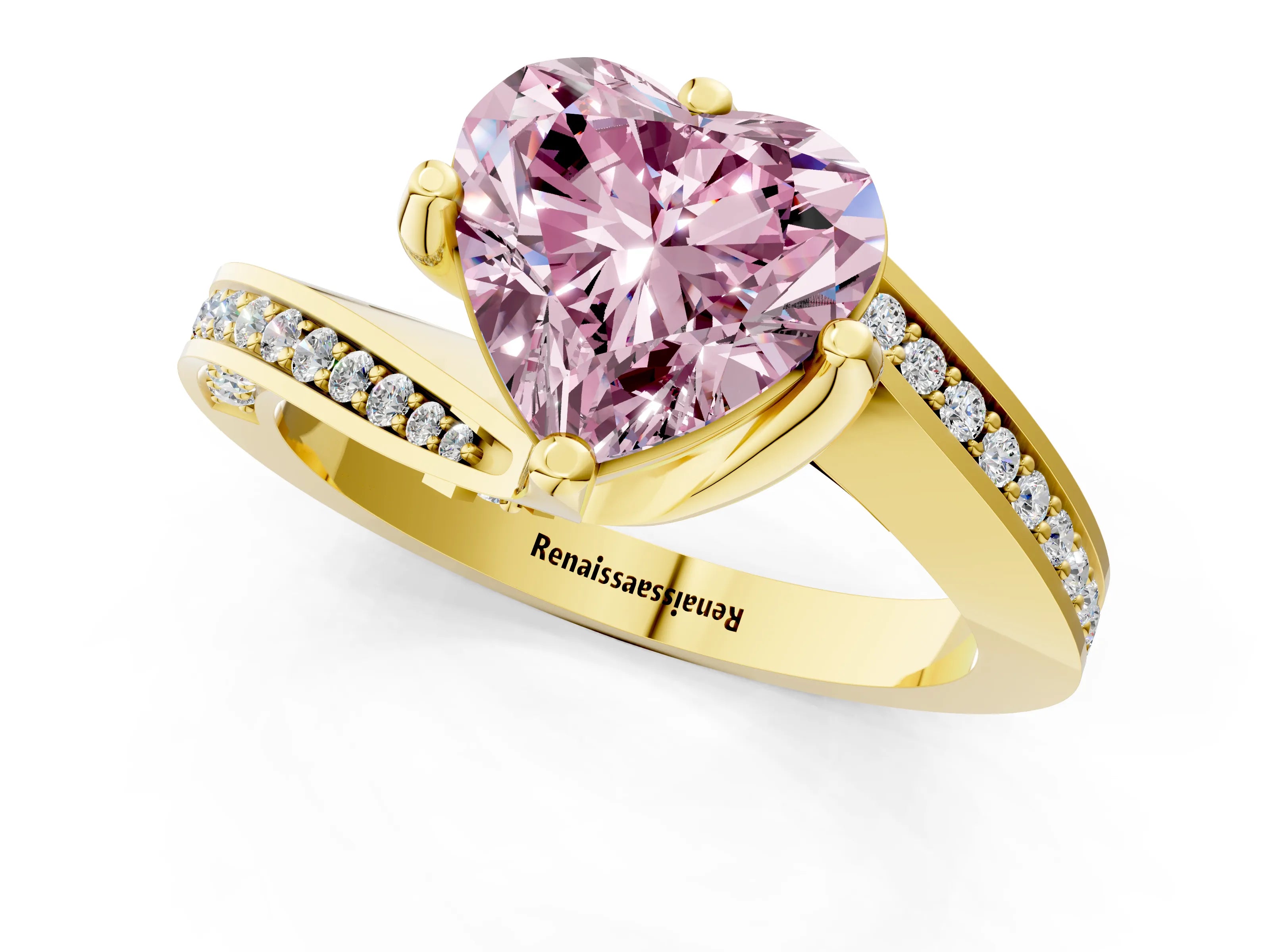 Yellow gold Fancy Pink Heart Cut Solitaire Diamond Twist Band with Pavé Setting and Four-Prong Setting_1