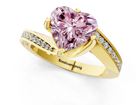 Yellow gold Fancy Pink Heart Cut Solitaire Diamond Twist Band with Pavé Setting and Four-Prong Setting_1