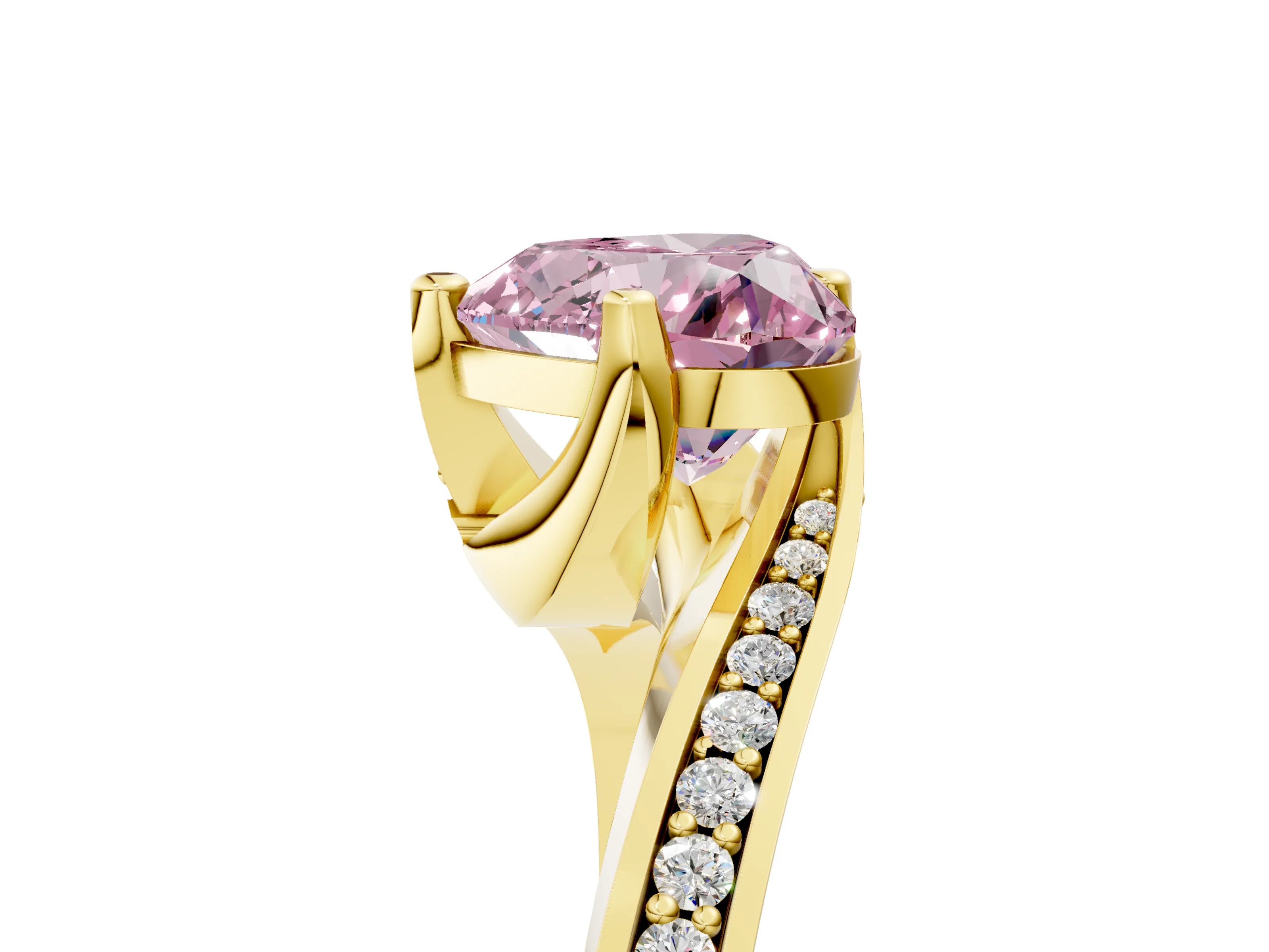 Yellow gold Fancy Pink Heart Cut Solitaire Diamond Twist Band with Pavé Setting and Four-Prong Setting_5