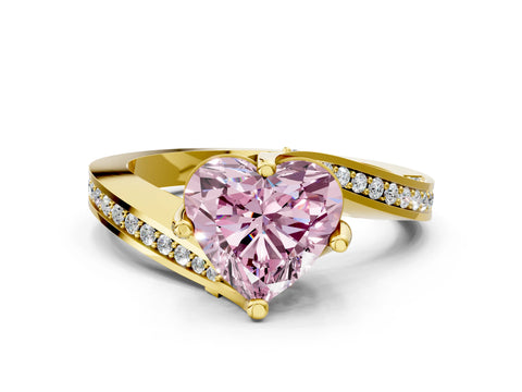 Yellow gold Fancy Pink Heart Cut Solitaire Diamond Twist Band with Pavé Setting and Four-Prong Setting