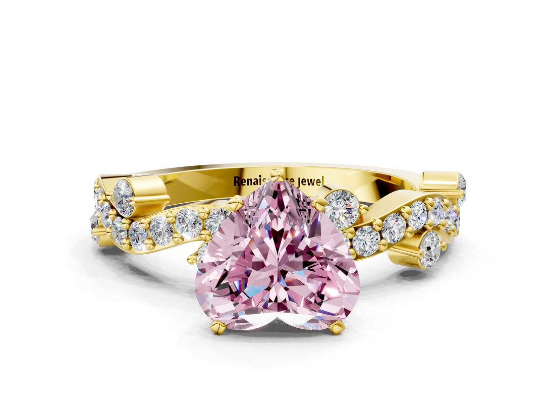 Yellow gold Fancy Pink Heart  Cut Solitaire Diamond Twisted Band with Pave Setting_51