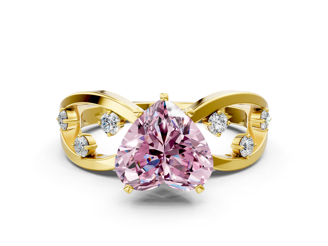 Yellow gold Fancy Pink Heart  Cut Solitaire Diamond with Side Stones on Criss-Cross Band and Four-Prong Setting_3