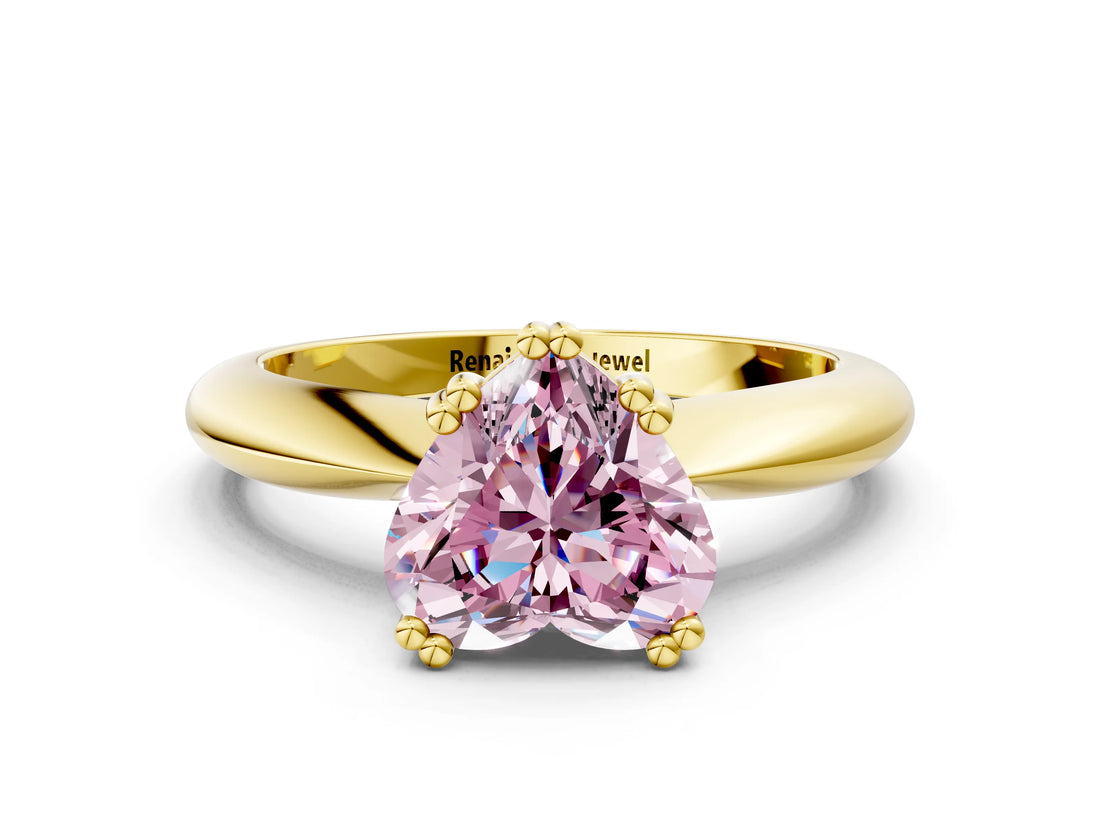 Yellow gold Fancy Pink Heart  Cut Solitaire Engagement Ring with Tapered Band and Four-Prong Setting