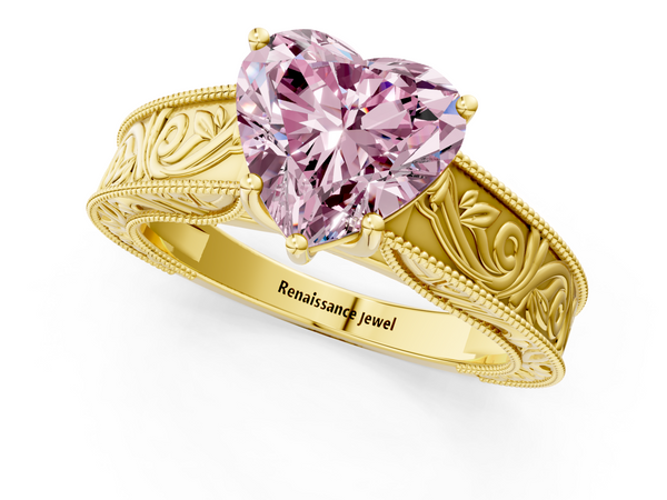 Yellow gold Fancy Pink Heart Cut Diamond Solitaire Ring with Engraved Band and Four-Prong Setting