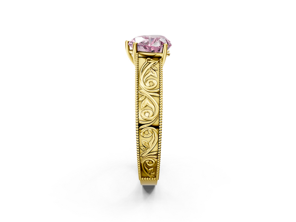 Yellow gold Fancy Pink Heart Cut Diamond Solitaire Ring with Engraved Band and Four-Prong Setting