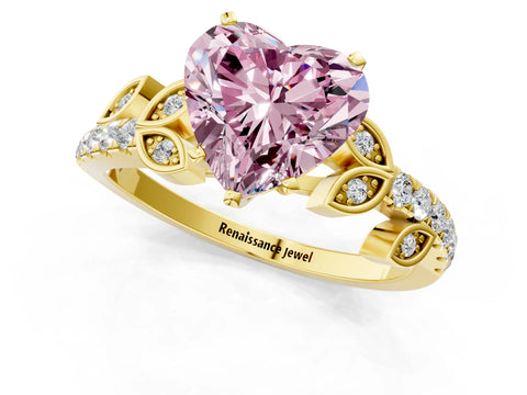 Yellow gold Fancy Pink Heart Cut Solitaire Leaf-Inspired Diamond Ring with Pavé Band and Four-Prong Setting_1