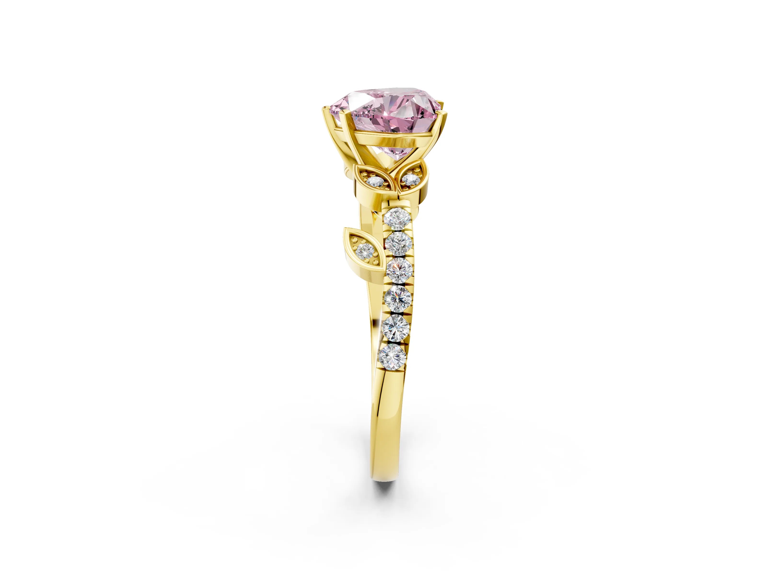 Yellow gold Fancy Pink Heart Cut Solitaire Leaf-Inspired Diamond Ring with Pavé Band and Four-Prong Setting_2