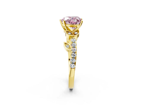 Yellow gold Fancy Pink Heart Cut Solitaire Leaf-Inspired Diamond Ring with Pavé Band and Four-Prong Setting_2