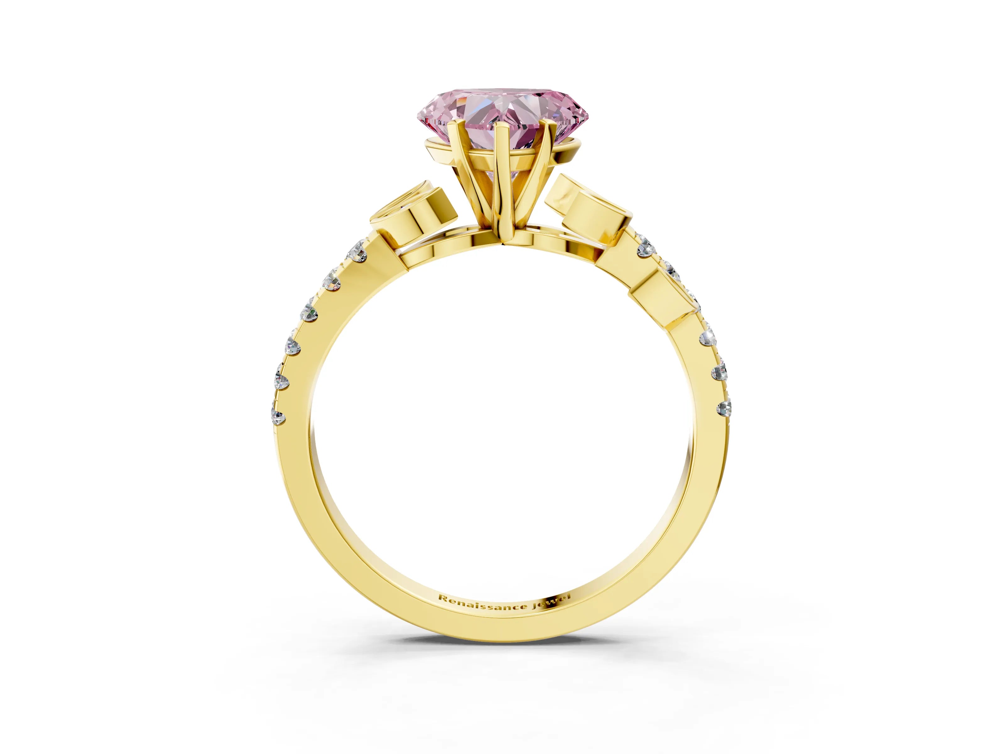 Yellow gold Fancy Pink Heart Cut Solitaire Leaf-Inspired Diamond Ring with Pavé Band and Four-Prong Setting_3
